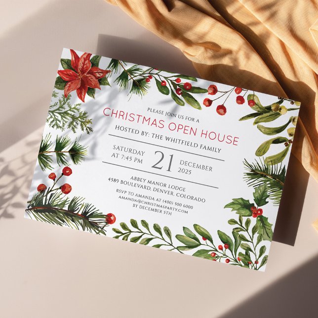Christmas Holiday Watercolor Berries Greenery Card (Christmas Open House Botanical Holiday Party Invitation)