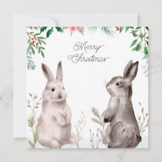 Christmas Holiday Watercolor Bunny. Rabbit, Floral Card