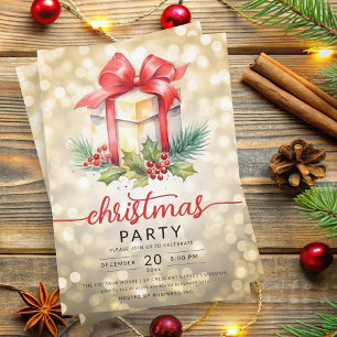 Christmas Holiday Watercolor Company Bokeh Gold Invitation