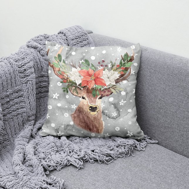 Christmas Holiday - Watercolor Deer & PointsettiaG Cushion (Creator Uploaded)