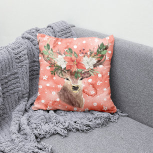 Christmas Holiday - Watercolor Deer & PointsettiaR Cushion