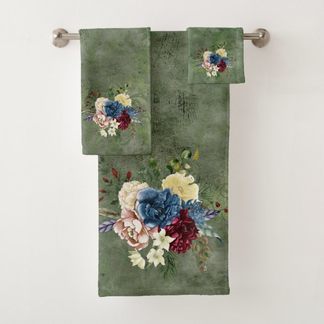Christmas Holiday Watercolor Floral Green Bath Towel Set (Insitu)