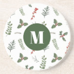 Christmas Holiday Watercolor Greenery and Berry Coaster<br><div class="desc">A beautiful watercolor greenery and red berry pattern frames your initial on this standout holiday coaster.</div>