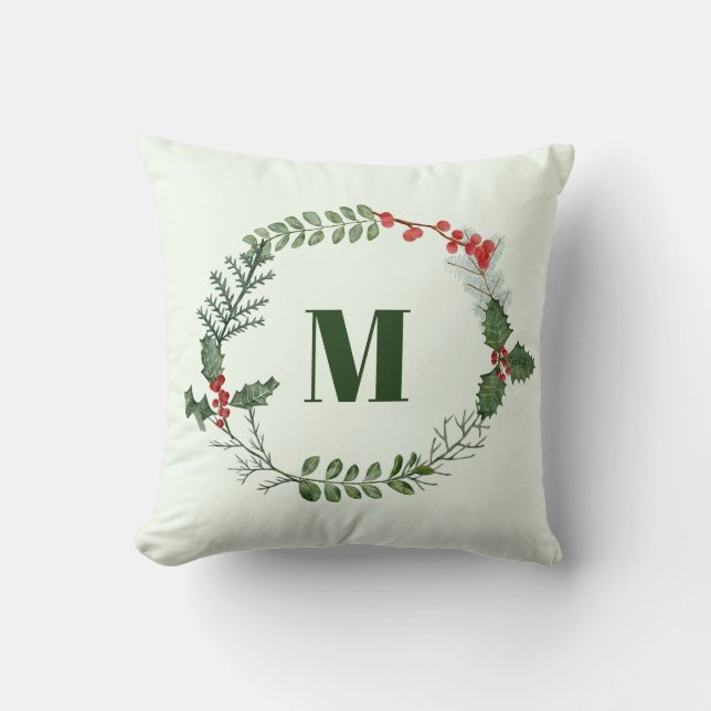 Christmas Holiday Watercolor Greenery and Berry Cushion (Front)