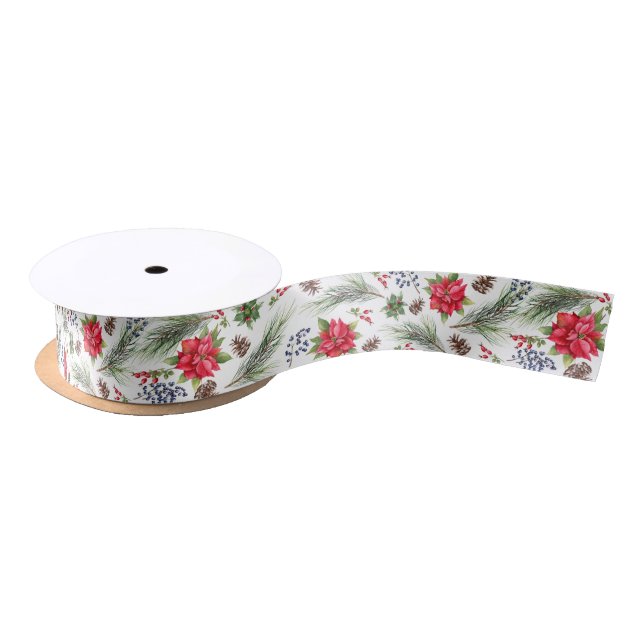 Christmas Holiday Watercolor Poinsettia Floral Satin Ribbon (Spool)