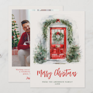 Christmas Holiday Watercolor Red Door Family Photo Card