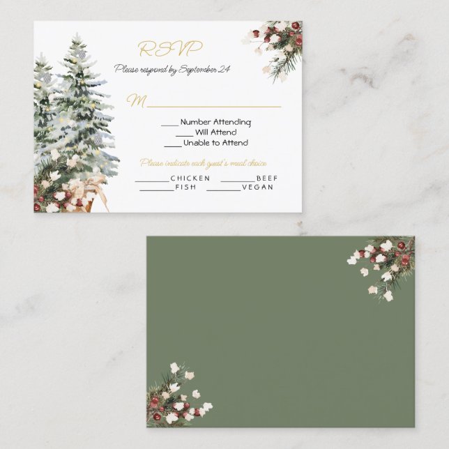 Christmas Holiday Winter Wedding RSVP Menu Choice Business Card (Front/Back)