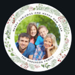 Christmas holiday wreath photo label<br><div class="desc">Add a special touch to your gifts! A botanical watercolor winter wreath label featuring your favourite photo. Personalise it with your names.</div>