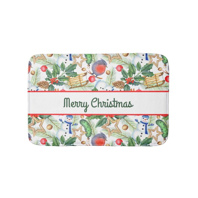 Christmas Holiday Xmas Snowman, Pine Cones, Holly  Bath Mat (Front)