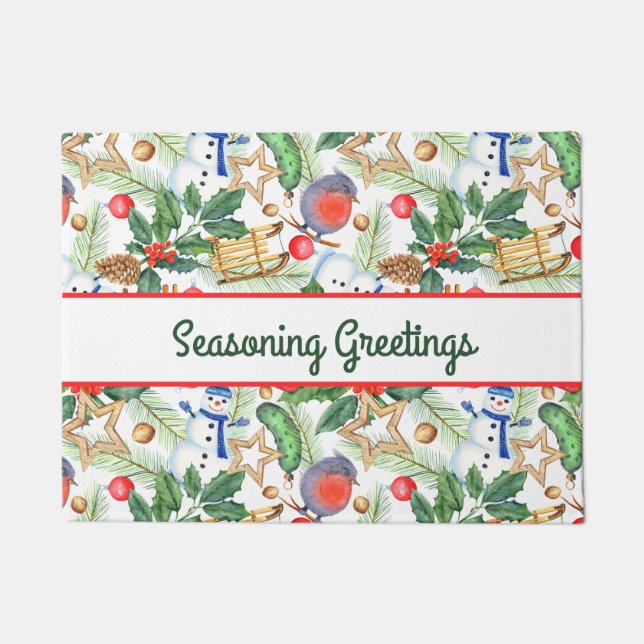 Christmas Holiday Xmas Snowman, Pine Cones, Holly Doormat (Front)