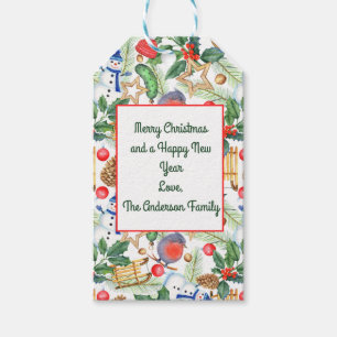 Christmas Holiday Xmas Snowman, Pine Cones, Holly Gift Tags