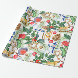 Christmas Holiday Xmas Snowman, Pine Cones, Holly Wrapping Paper