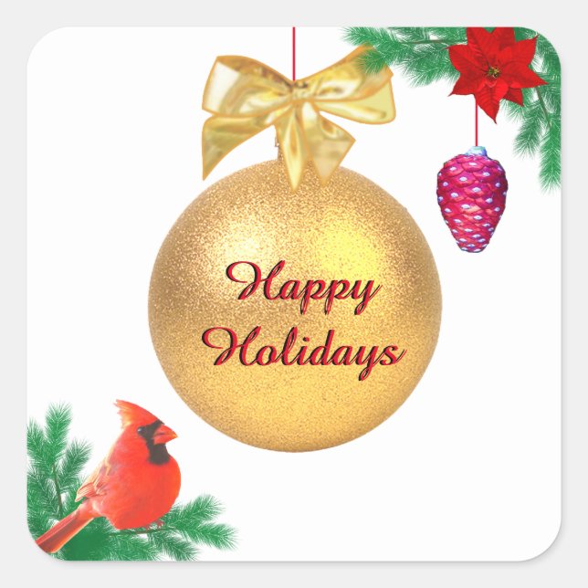 Christmas holidays ball, bird & pine cone on white square sticker (Front)