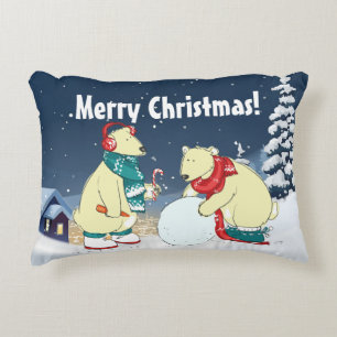 Christmas Holidays Bears in Snowy Winter Scene Decorative Cushion