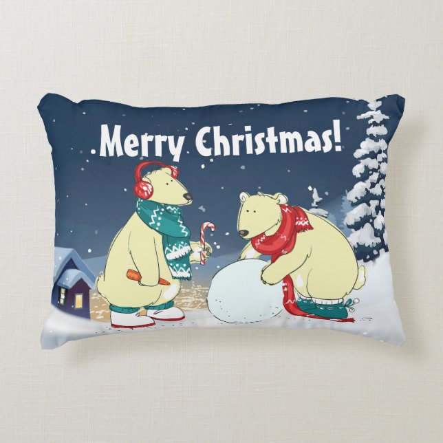 Christmas Holidays Bears in Snowy Winter Scene Decorative Cushion (Front)