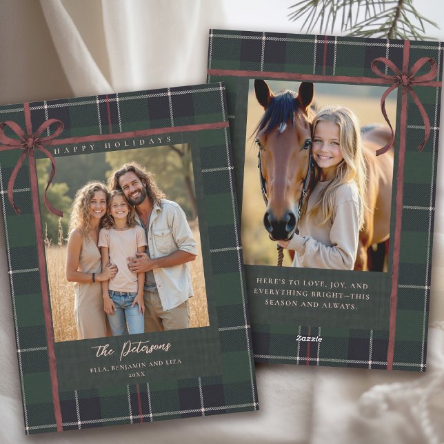Christmas Holidays Bow  Plaid Tartan 2-Photos Holiday Card (plaid tartan christmas photo card elegant 2 photos traditional classic scottish green red bow)
