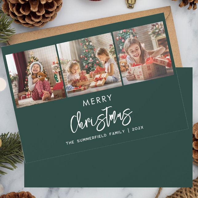 Christmas Holidays Family 3 Photos Script Holiday Card (Christmas Holidays 3 Photos Collage Script Festive Greetings Card)