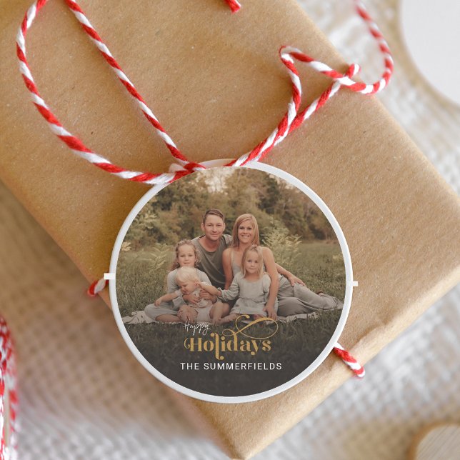Christmas Holidays Family Photo Festive Modern Classic Round Sticker (Happy Holidays Family Photo Classic Round Sticker)