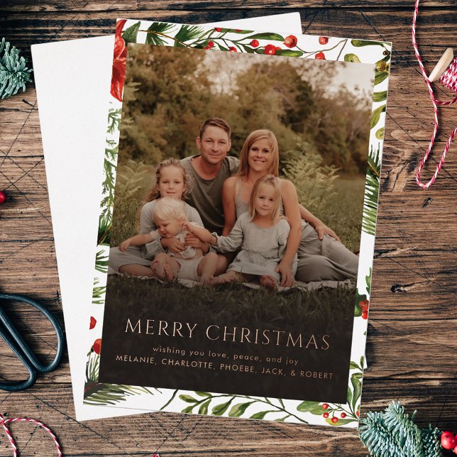 Christmas Holidays Family Photo Greetings Gold (Family Photo Red Berries Christmas Greetings Card)