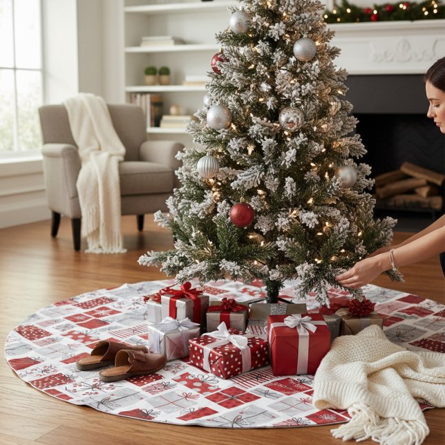 Christmas Holidays Festive Red Silver Modern Gifts Brushed Polyester Tree Skirt (Creator Uploaded)