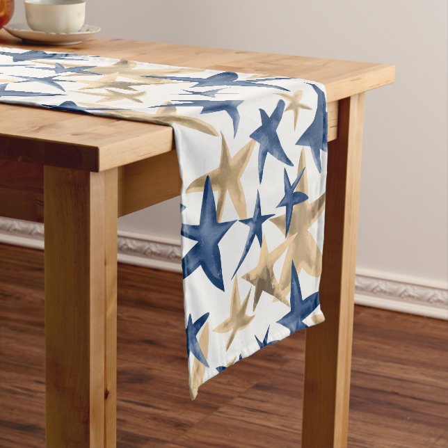 Christmas Holidays Festive Stars Blue Gold Modern  Short Table Runner (In Situ)