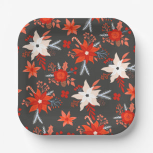 Christmas Holidays Festive Winter Red Pink Floral Paper Plate