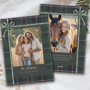 Christmas Holidays Green Bow  Plaid Tartan 2-Photo Holiday Card