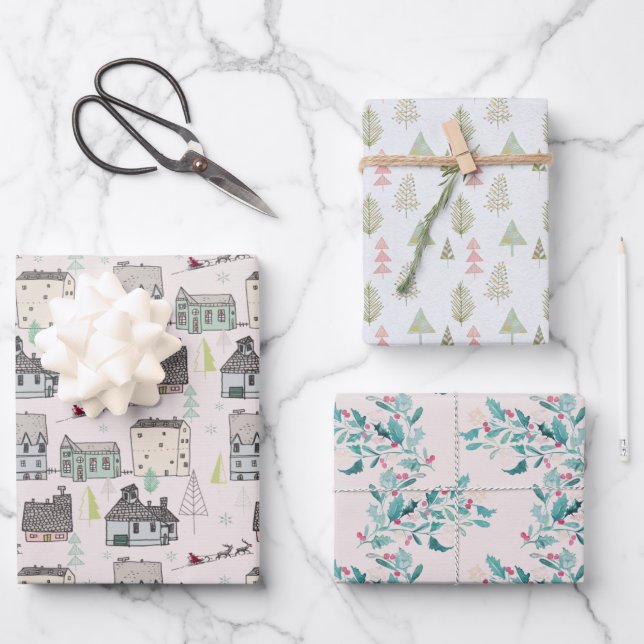 Christmas Holidays Hygge Nordic Holly Berries Wrapping Paper Sheet (Front)