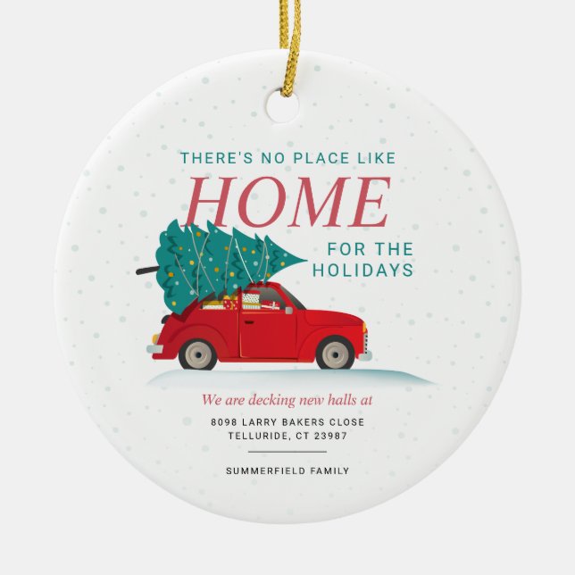 Christmas Holidays Moving Announcement Red Car Ceramic Tree Decoration (Front)