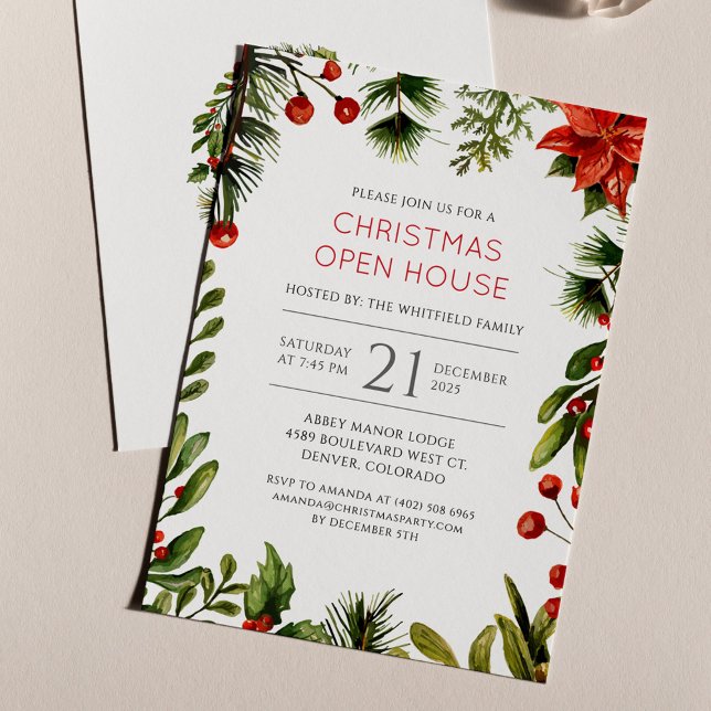 Christmas Holidays Open House Party Flyer (Poinsettia Red Berries Family Christmas Party Invitation)
