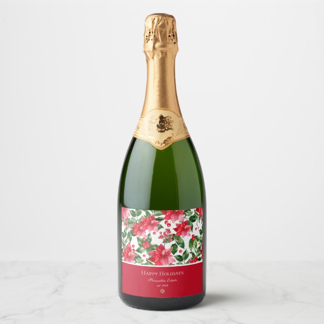 Christmas Holidays Personalised Poinsettia Pattern Sparkling Wine Label (Front)
