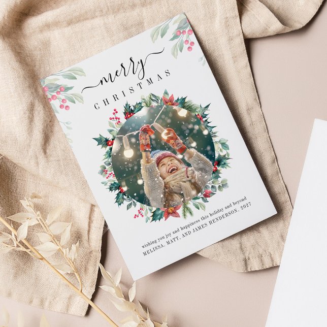 Christmas Holidays Photo Mistletoe Botanical Card (Merry Christmas Red Berries Photo Greetings Card)