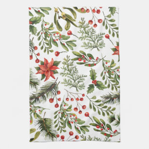 Christmas Holidays Pine Red Berries Tea Towel