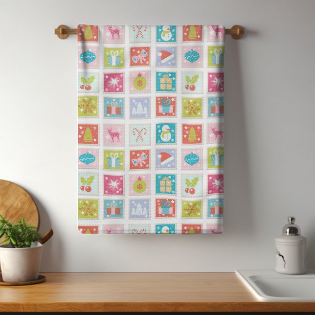 Christmas Holidays Postage Stamp Pattern Tea Towel (Creator Uploaded)