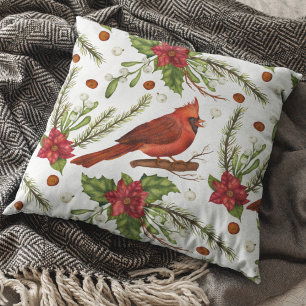 Christmas Holidays Red Cardinal Poinsettia Floral Cushion