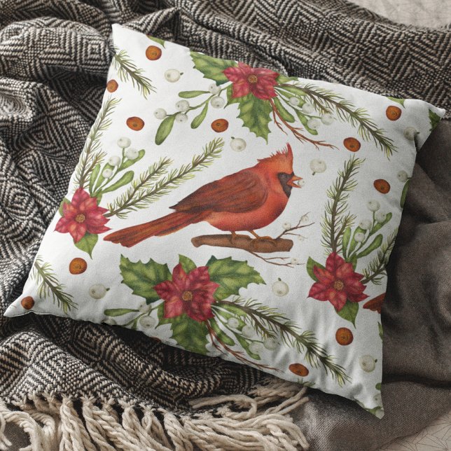 Christmas Holidays Red Cardinal Poinsettia Floral Cushion (Creator Uploaded)