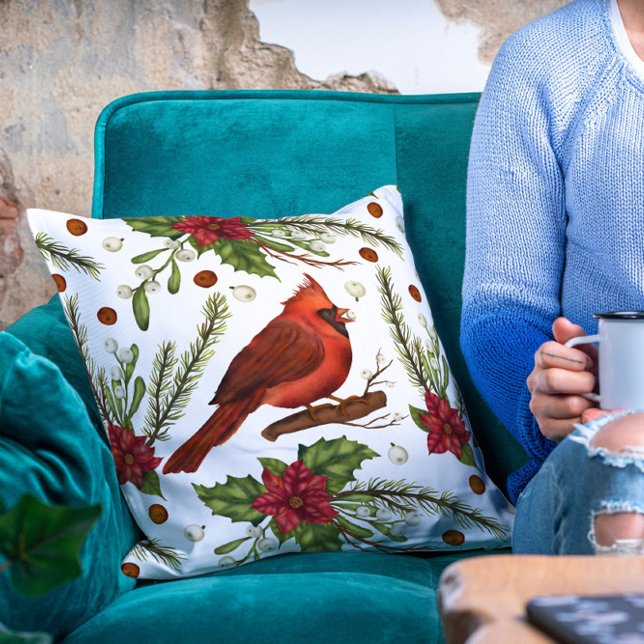 Christmas Holidays Red Cardinal Poinsettia Floral Cushion (Creator Uploaded)