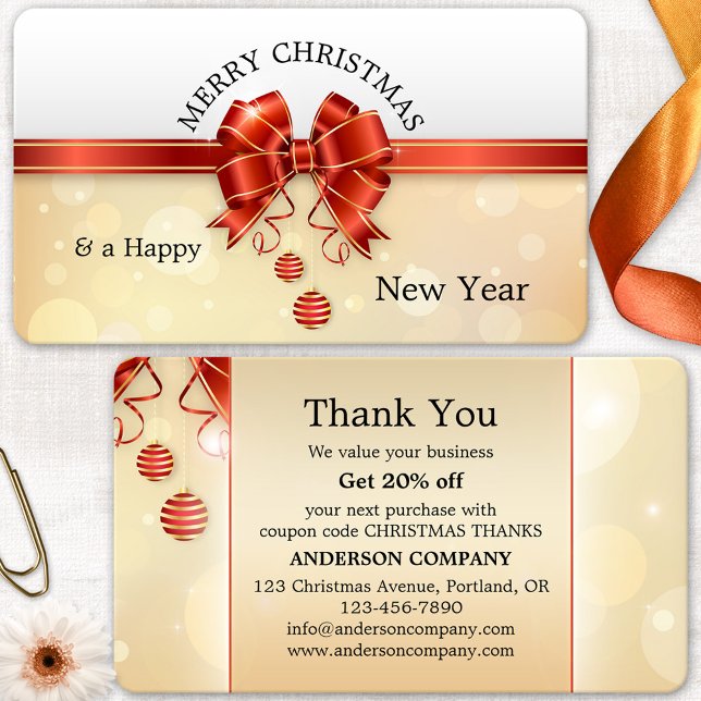Christmas Holidays Thank You Business Card (Thank You business card featuring an elegant Christmas design with your custom Holiday wishes)