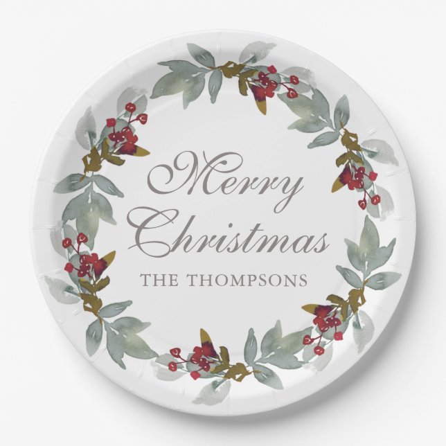 Christmas Holidays Winter Watercolor Floral Name Paper Plate (Front)