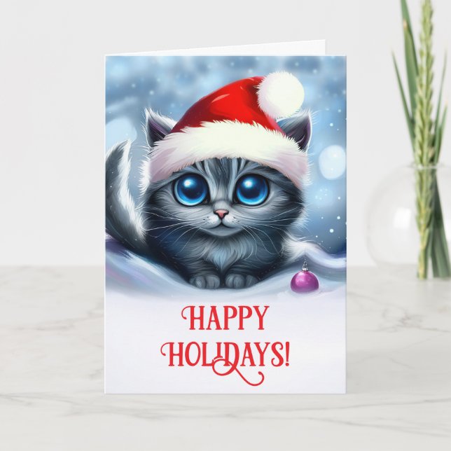 Christmas Holidays with Cute Cat and Santa Hat  Card (Front)