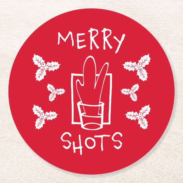 Christmas Holly and a Sparkling Glass Round Paper Coaster (Front)