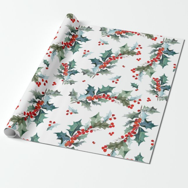 Christmas Holly and Berries Pattern Wrapping Paper (Unrolled)