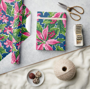 Christmas Holly And Flower Patterned Wrapping Paper
