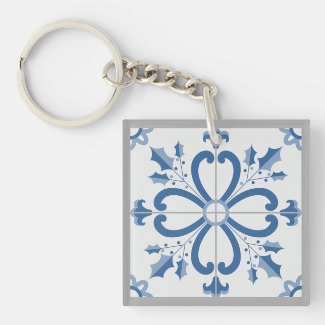 Christmas holly and flowers petals blue tile key ring (Front)
