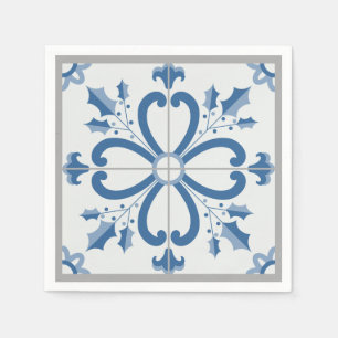 Christmas holly and flowers petals blue tile napkin