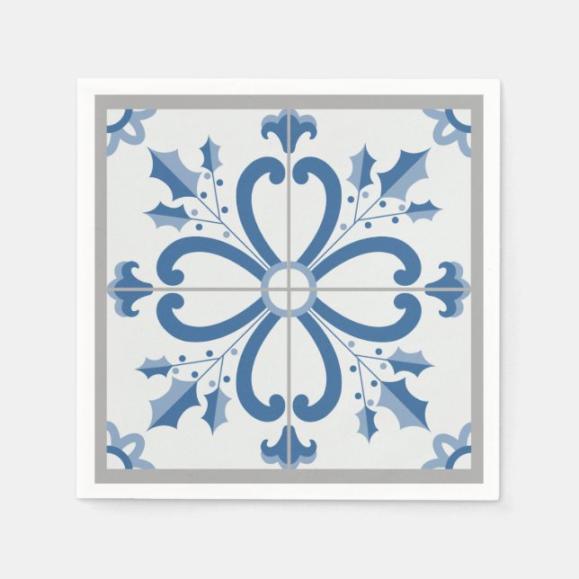 Christmas holly and flowers petals blue tile napkin (Front)