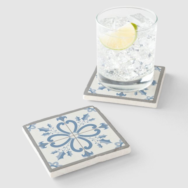 Christmas holly and flowers petals blue tile stone coaster (Side)