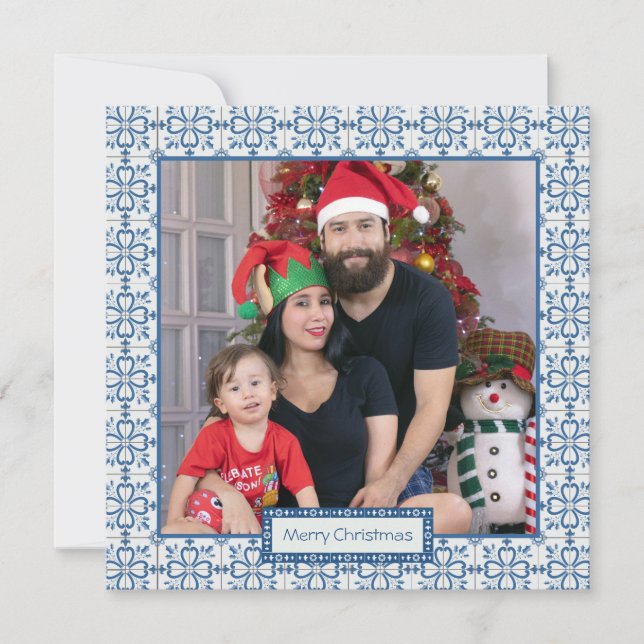 Christmas holly and flowers petals tiles frame holiday card (Front)