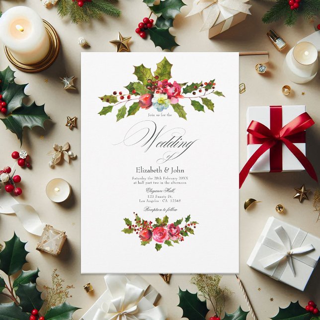 Christmas Holly and Ivy with Red Roses Wedding Invitation (Christmas Holly and Ivy with Red Roses Wedding Invitation)