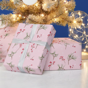 Christmas Holly and Pine Needles on Pink Wrapping Paper